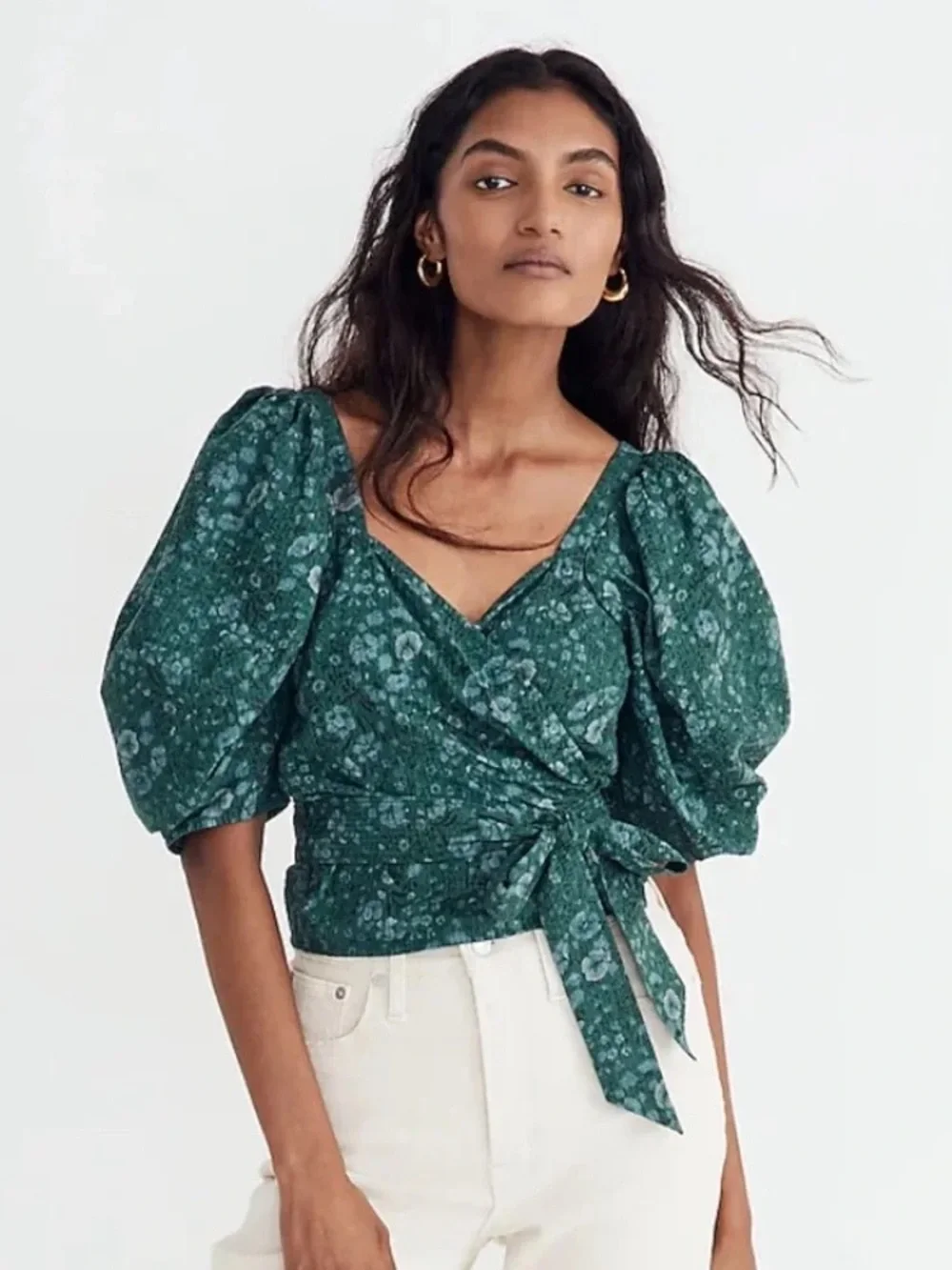Madewell Emerald Green Floral Wrap Puff Sleeve Blouse